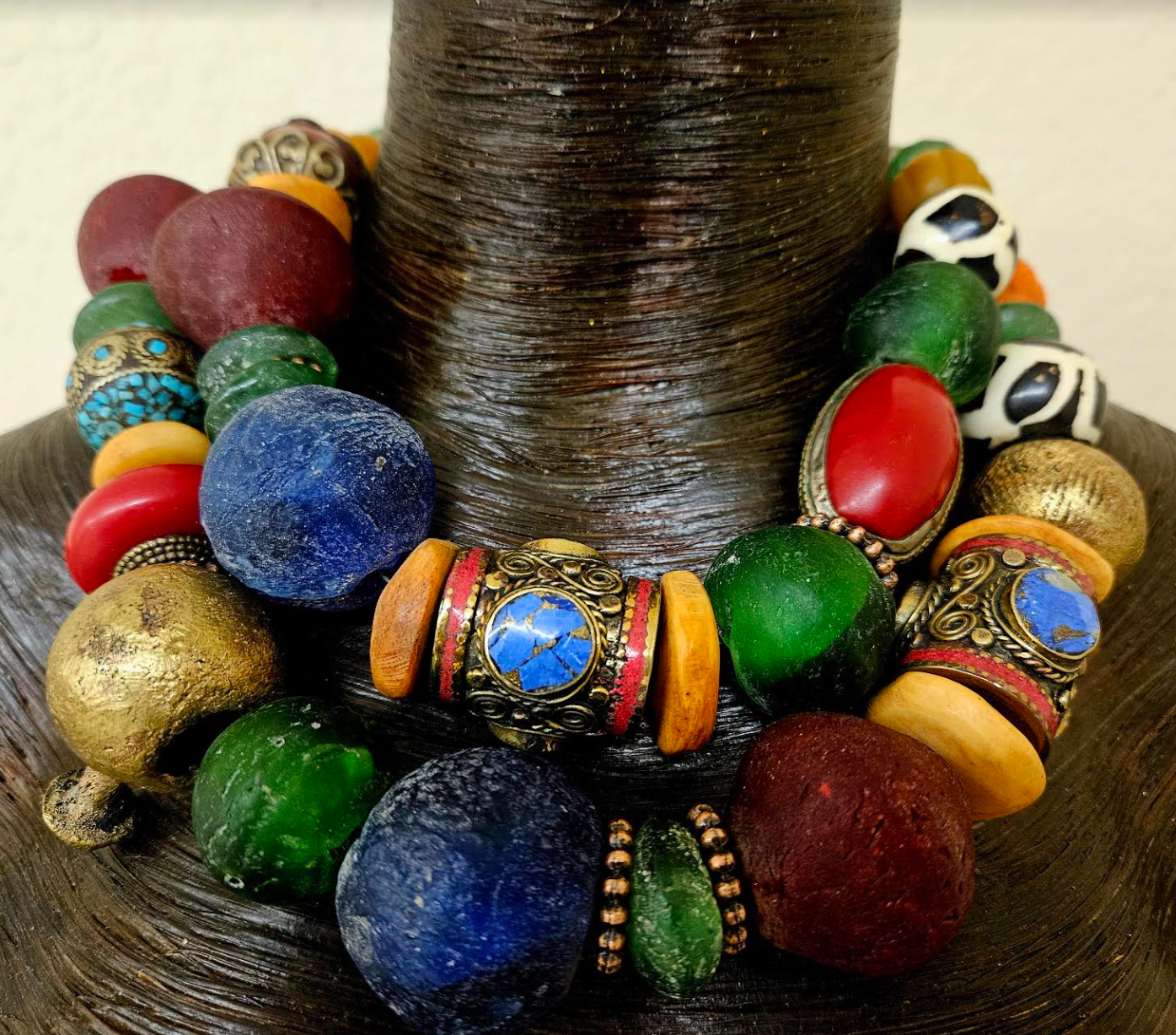 African Tibetan Bold Chunky Heavy Colorful Beaded Multi Strand Necklace - Wow Factor Tribal Beaded Neck Candy - Haute Couture Pop of Color Beaded Choker - Kat Kouture Jewelry