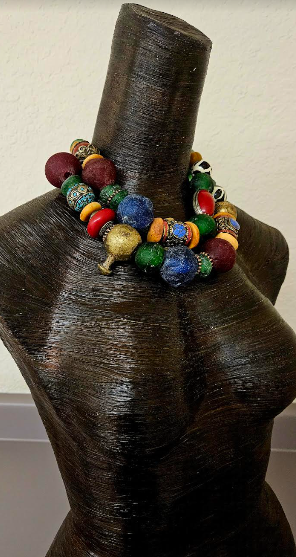 African Tibetan Bold Chunky Heavy Colorful Beaded Multi Strand Necklace - Wow Factor Tribal Beaded Neck Candy - Haute Couture Pop of Color Beaded Choker - Kat Kouture Jewelry