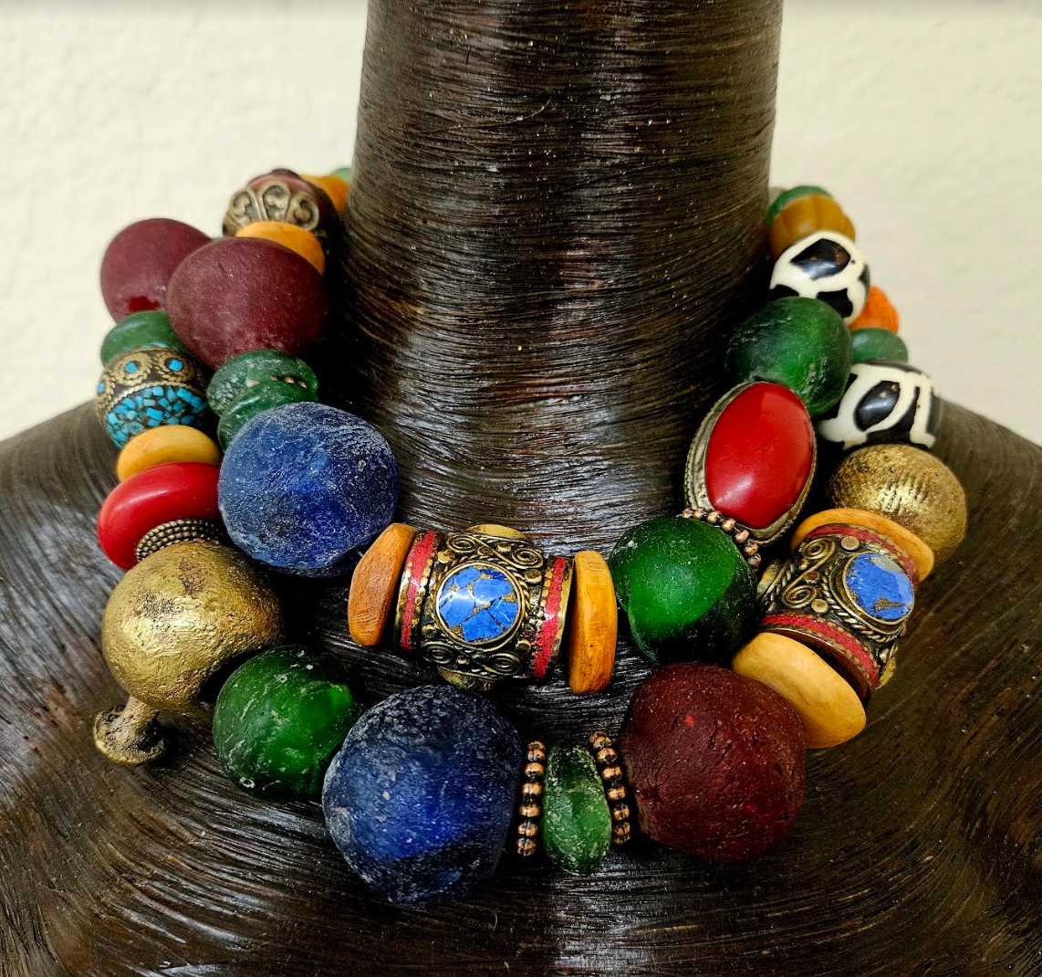 African Tibetan Bold Chunky Heavy Colorful Beaded Multi Strand Necklace - Wow Factor Tribal Beaded Neck Candy - Haute Couture Pop of Color Beaded Choker - Kat Kouture Jewelry