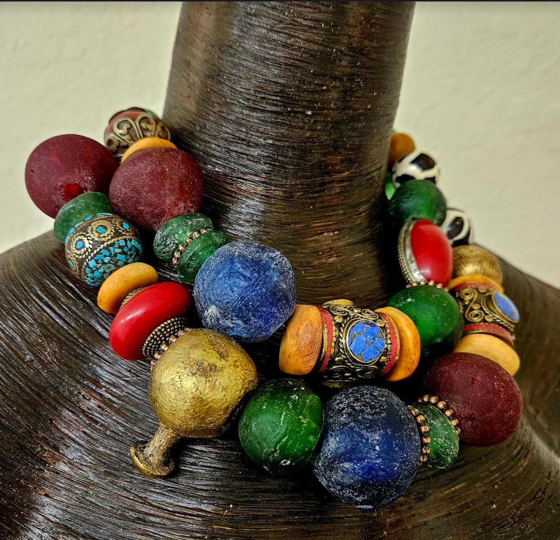 African Tibetan Bold Chunky Heavy Colorful Beaded Multi Strand Necklace - Wow Factor Tribal Beaded Neck Candy - Haute Couture Pop of Color Beaded Choker - Kat Kouture Jewelry