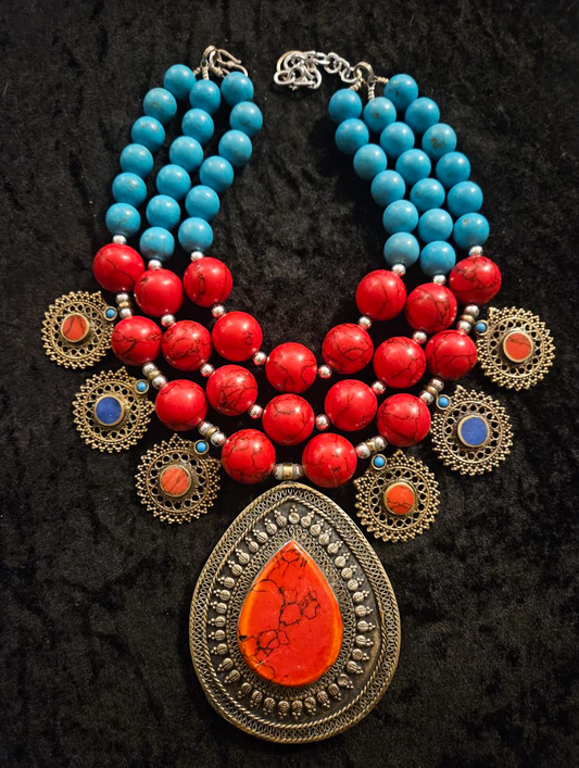 Blue & Red Magnesite Beaded Kuchi Coin Tribal Statement Necklace Pendant