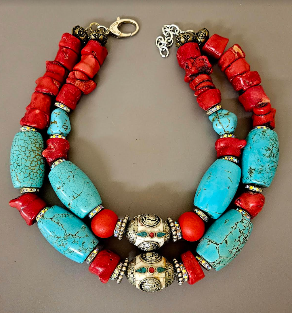 Red Coral Nugget Tibetan Resin & Blue Magnesite Bold Necklace - Haute Couture Luxury Beaded Tribal Neck Candy - Kat Kouture Jewelry