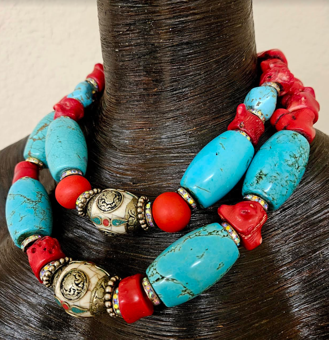 Red Coral Nugget Tibetan Resin & Blue Magnesite Bold Necklace - Haute Couture Luxury Beaded Tribal Neck Candy - Kat Kouture Jewelry