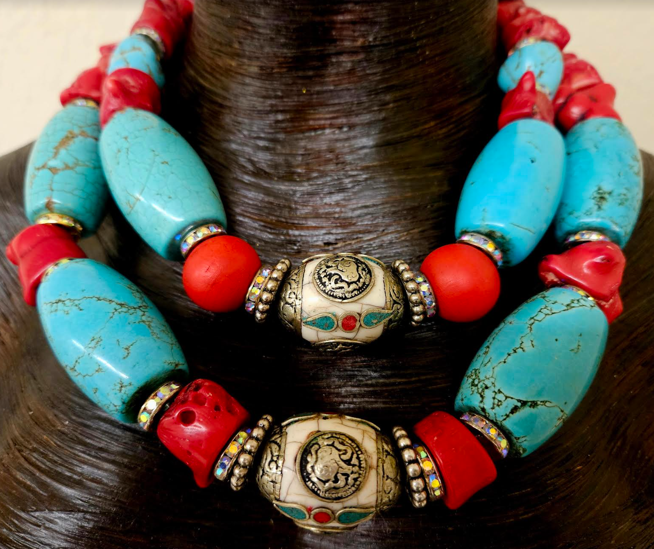 Red Coral Nugget Tibetan Resin & Blue Magnesite Bold Necklace - Haute Couture Luxury Beaded Tribal Neck Candy - Kat Kouture Jewelry