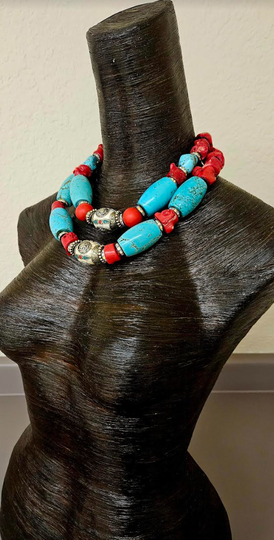 Red Coral Nugget Tibetan Resin & Blue Magnesite Bold Necklace - Haute Couture Luxury Beaded Tribal Neck Candy - Kat Kouture Jewelry