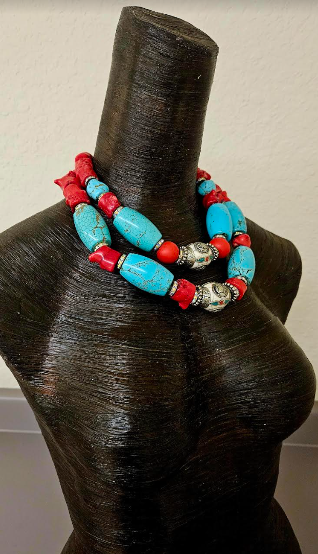 Red Coral Nugget Tibetan Resin & Blue Magnesite Bold Necklace - Haute Couture Luxury Beaded Tribal Neck Candy - Kat Kouture Jewelry