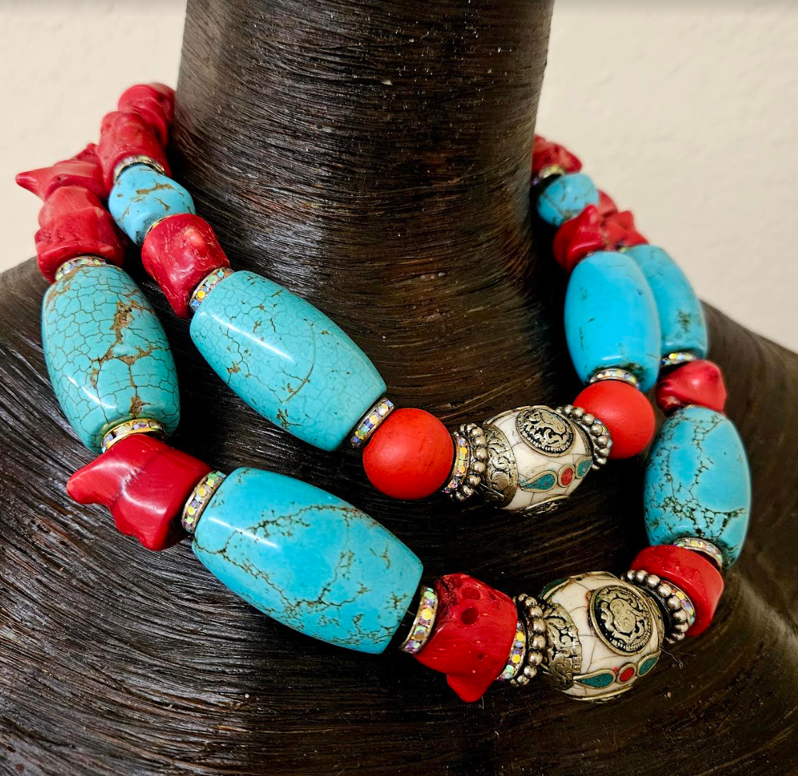 Red Coral Nugget Tibetan Resin & Blue Magnesite Bold Necklace - Haute Couture Luxury Beaded Tribal Neck Candy - Kat Kouture Jewelry