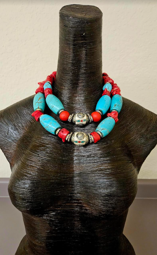 Red Coral Nugget Tibetan Resin & Blue Magnesite Bold Necklace - Haute Couture Luxury Beaded Tribal Neck Candy - Kat Kouture Jewelry