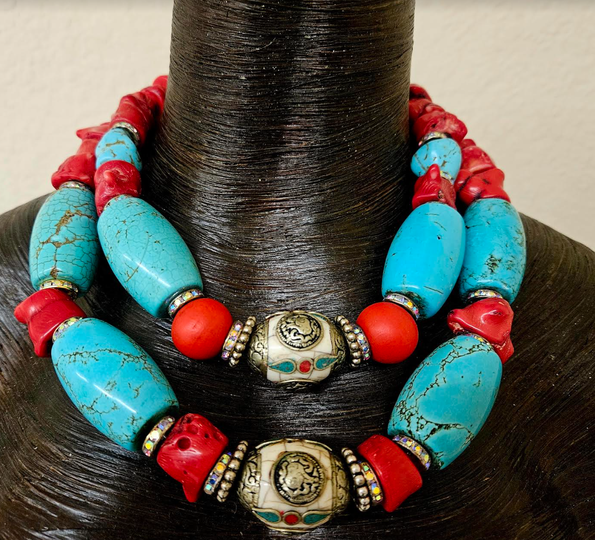 Red Coral Nugget Tibetan Resin & Blue Magnesite Bold Necklace - Haute Couture Luxury Beaded Tribal Neck Candy - Kat Kouture Jewelry