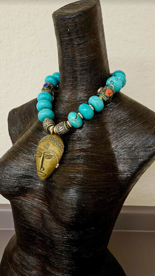 African Lost Wax Brass & Turquoise Blue Magnesite Rondelle Tribal Necklace - Bold Chunky Heavy Faux Turquoise & Tibetan Beaded Ethnic Chest Piece - Kat Kouture Jewelry