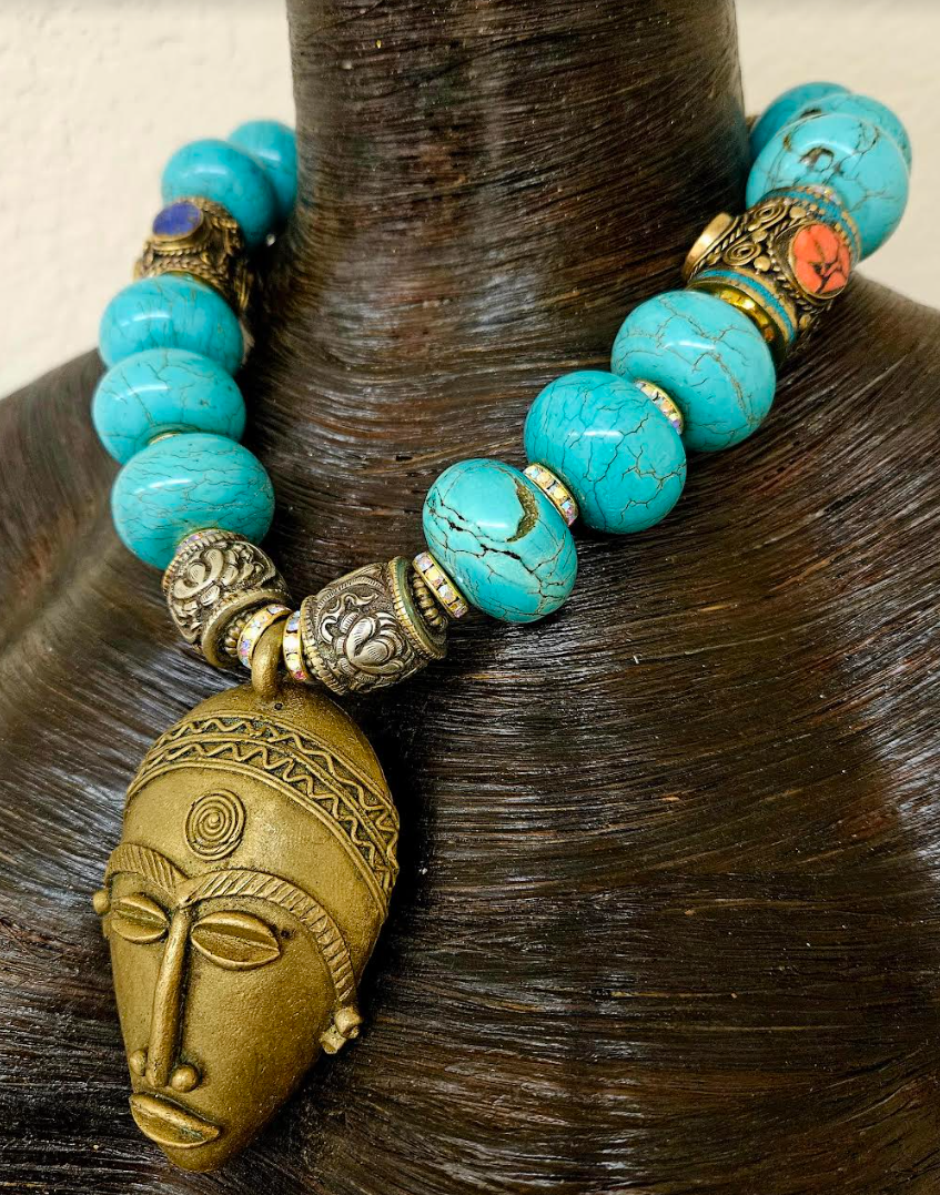 African Lost Wax Brass & Turquoise Blue Magnesite Rondelle Tribal Necklace - Bold Chunky Heavy Faux Turquoise & Tibetan Beaded Ethnic Chest Piece - Kat Kouture Jewelry