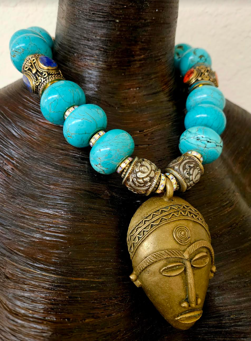 African Lost Wax Brass & Turquoise Blue Magnesite Rondelle Tribal Necklace - Bold Chunky Heavy Faux Turquoise & Tibetan Beaded Ethnic Chest Piece - Kat Kouture Jewelry