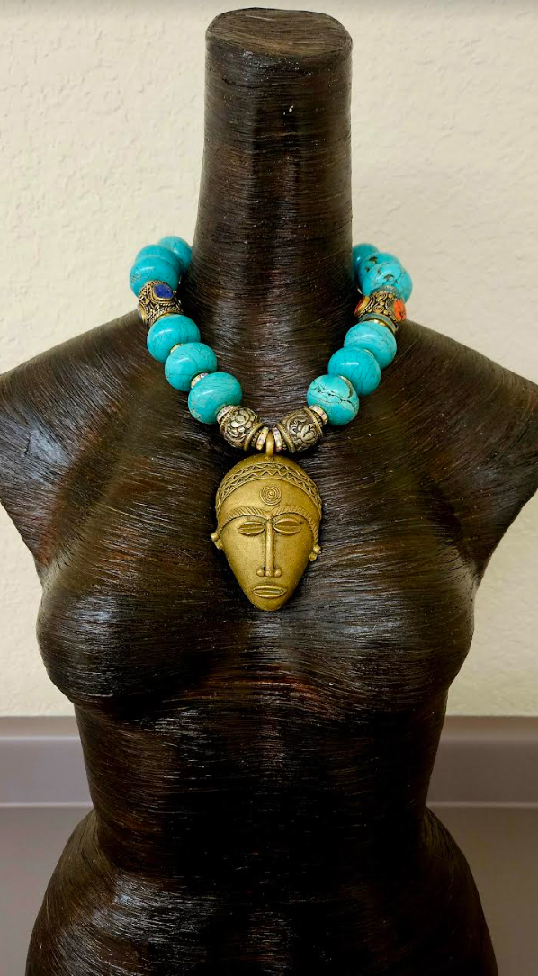 African Lost Wax Brass & Turquoise Blue Magnesite Rondelle Tribal Necklace - Bold Chunky Heavy Faux Turquoise & Tibetan Beaded Ethnic Chest Piece - Kat Kouture Jewelry