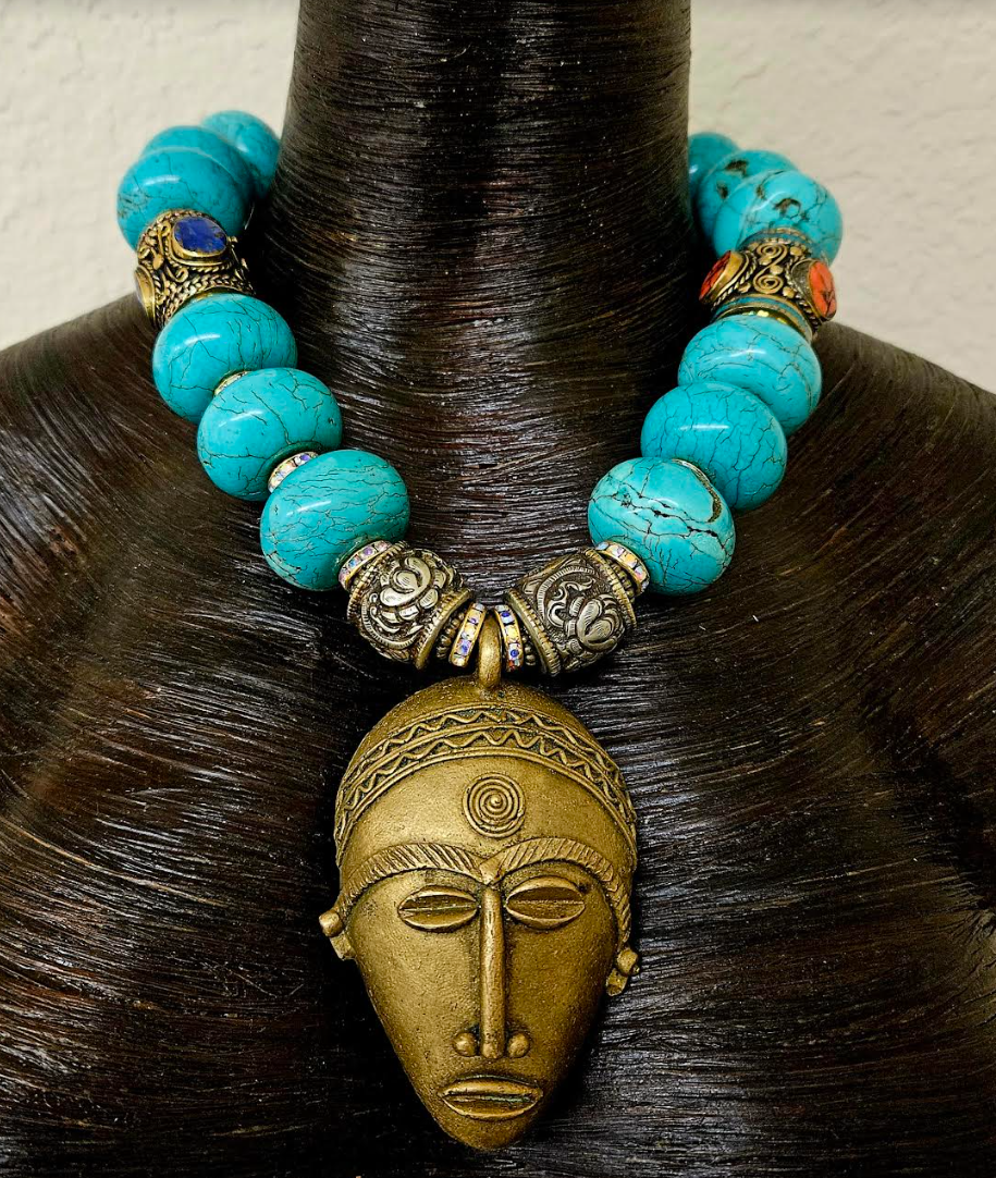 African Lost Wax Brass & Turquoise Blue Magnesite Rondelle Tribal Necklace - Bold Chunky Heavy Faux Turquoise & Tibetan Beaded Ethnic Chest Piece - Kat Kouture Jewelry