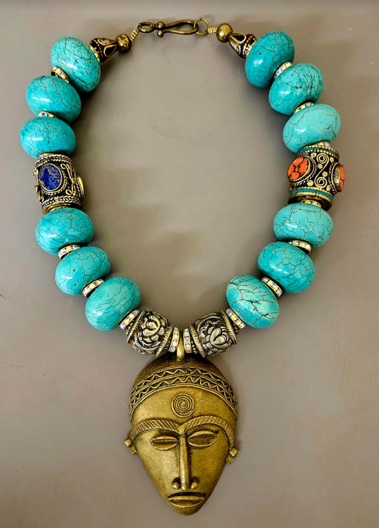 African Lost Wax Brass & Turquoise Blue Magnesite Rondelle Tribal Necklace - Bold Chunky Heavy Faux Turquoise & Tibetan Beaded Ethnic Chest Piece - Kat Kouture Jewelry