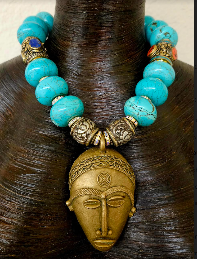 African Lost Wax Brass & Turquoise Blue Magnesite Rondelle Tribal Necklace - Bold Chunky Heavy Faux Turquoise & Tibetan Beaded Ethnic Chest Piece - Kat Kouture Jewelry