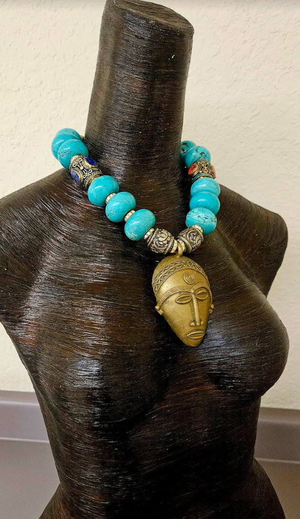 African Lost Wax Brass & Turquoise Blue Magnesite Rondelle Tribal Necklace - Bold Chunky Heavy Faux Turquoise & Tibetan Beaded Ethnic Chest Piece - Kat Kouture Jewelry