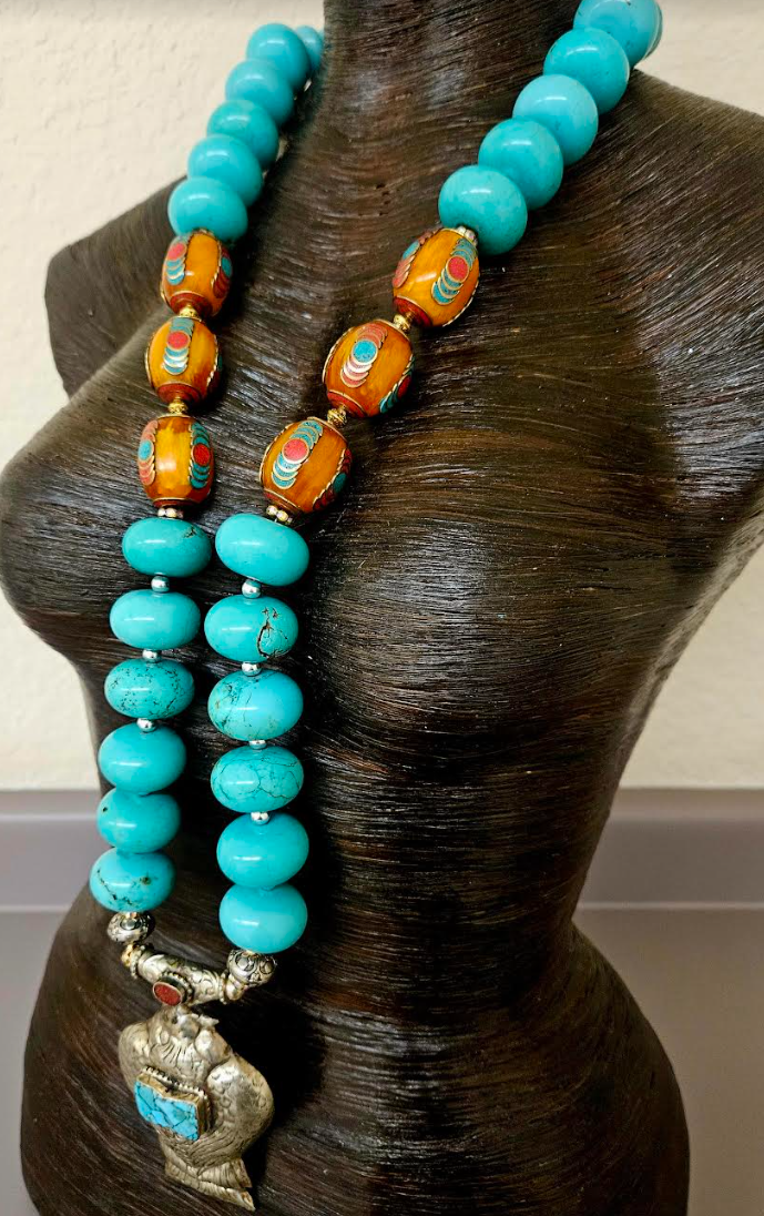 Turquoise Blue Magnesite Rondelle Opera Length Necklace with Tibetan Bird Pendant - Men's Tribal Beaded Chest Piece - Tibetan Resin and Faux Turquoise Bold Chunky Heavy Beaded Rope - Kat Kouture Jewelry