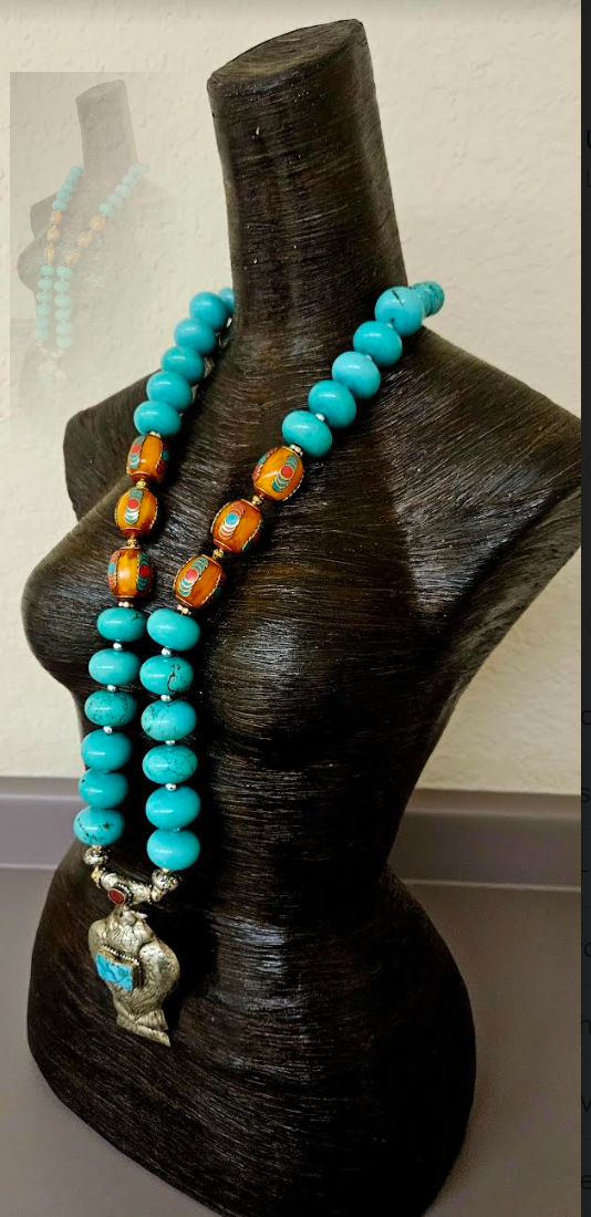 Turquoise Blue Magnesite Rondelle Opera Length Necklace with Tibetan Bird Pendant - Men's Tribal Beaded Chest Piece - Tibetan Resin and Faux Turquoise Bold Chunky Heavy Beaded Rope - Kat Kouture Jewelry