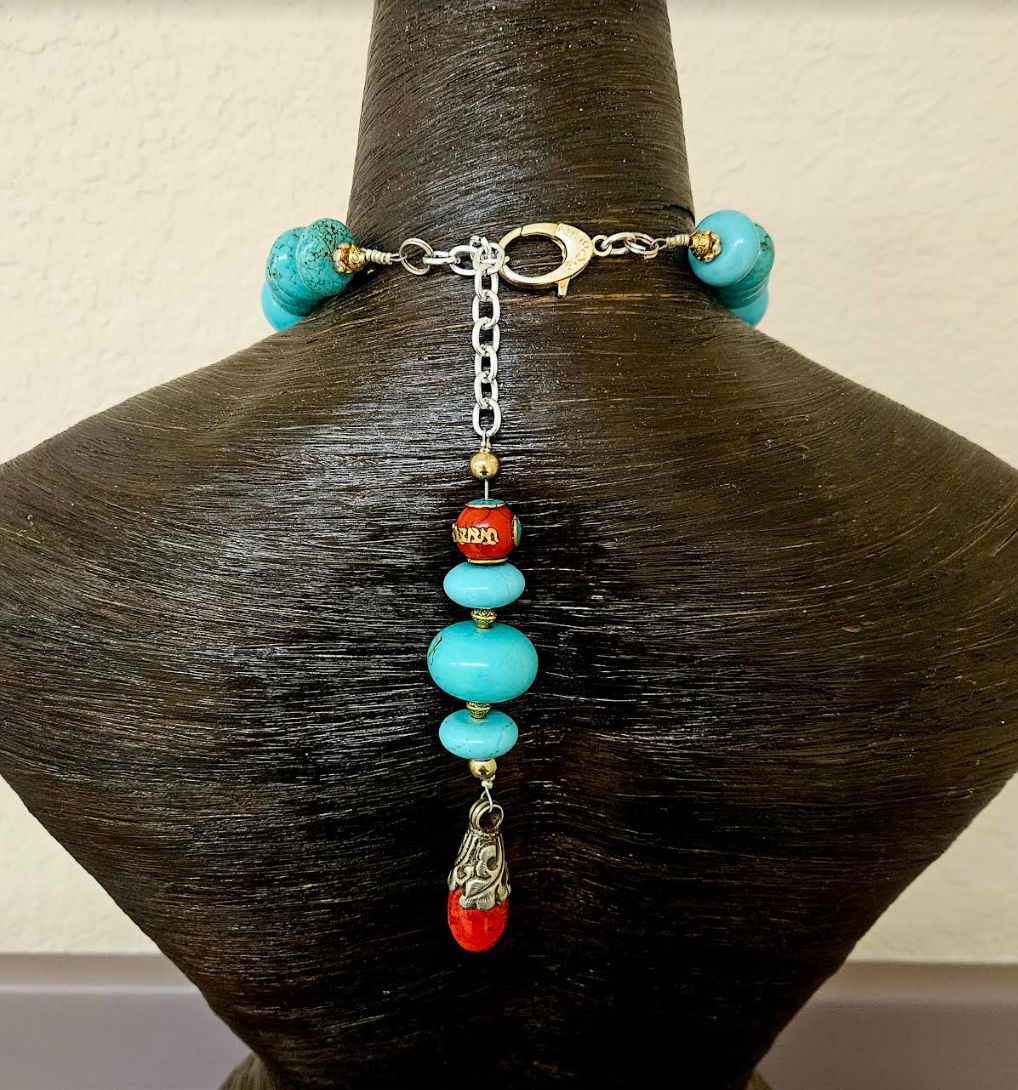 Turquoise Blue Magnesite Rondelle Opera Length Necklace with Tibetan Bird Pendant - Men's Tribal Beaded Chest Piece - Tibetan Resin and Faux Turquoise Bold Chunky Heavy Beaded Rope - Kat Kouture Jewelry