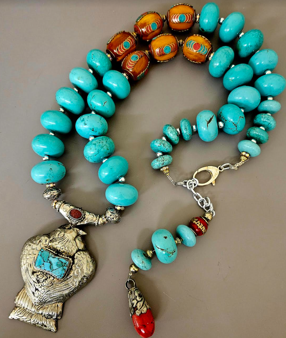 Turquoise Blue Magnesite Rondelle Opera Length Necklace with Tibetan Bird Pendant - Men's Tribal Beaded Chest Piece - Tibetan Resin and Faux Turquoise Bold Chunky Heavy Beaded Rope - Kat Kouture Jewelry