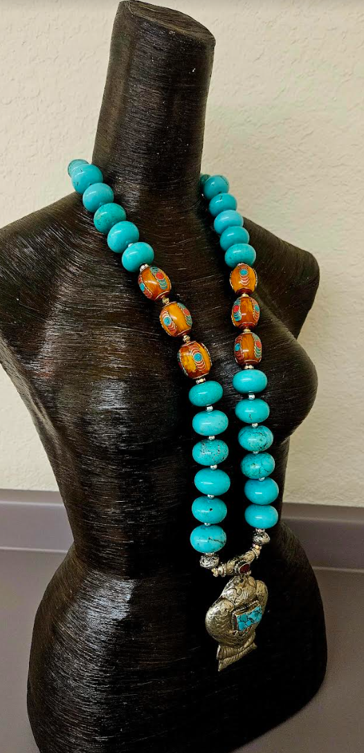 Turquoise Blue Magnesite Rondelle Opera Length Necklace with Tibetan Bird Pendant - Men's Tribal Beaded Chest Piece - Tibetan Resin and Faux Turquoise Bold Chunky Heavy Beaded Rope - Kat Kouture Jewelry