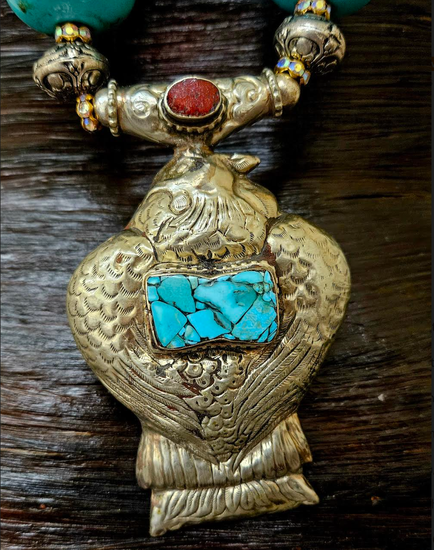 Turquoise Blue Magnesite Rondelle Opera Length Necklace with Tibetan Bird Pendant - Men's Tribal Beaded Chest Piece - Tibetan Resin and Faux Turquoise Bold Chunky Heavy Beaded Rope - Kat Kouture Jewelry