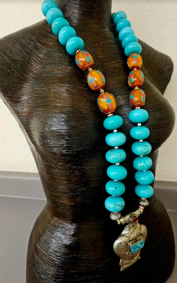 Turquoise Blue Magnesite Rondelle Opera Length Necklace with Tibetan Bird Pendant - Men's Tribal Beaded Chest Piece - Tibetan Resin and Faux Turquoise Bold Chunky Heavy Beaded Rope - Kat Kouture Jewelry