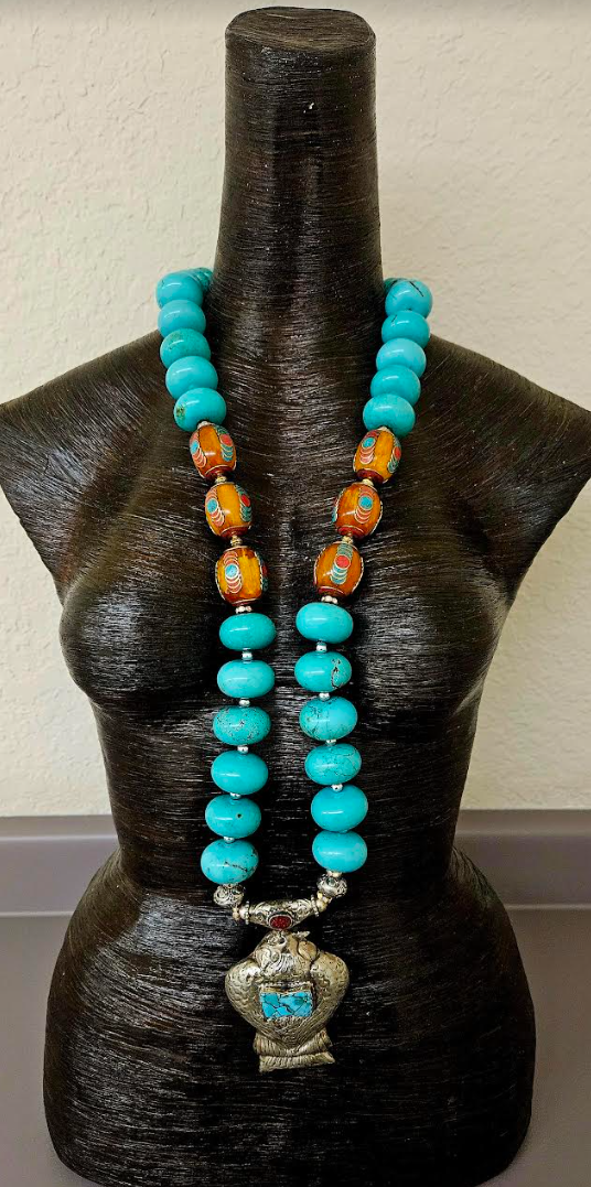 Turquoise Blue Magnesite Rondelle Opera Length Necklace with Tibetan Bird Pendant - Men's Tribal Beaded Chest Piece - Tibetan Resin and Faux Turquoise Bold Chunky Heavy Beaded Rope - Kat Kouture Jewelry