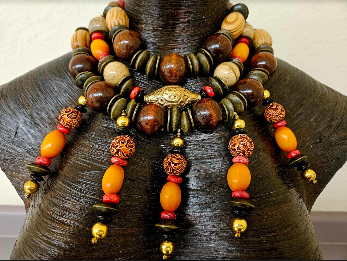 Brown Orange & Red Multi Strand Tribal Beaded Chest Piece - Autumn Wardrobe Beaded Statement Bib Necklace - Kat Kouture Jewelry