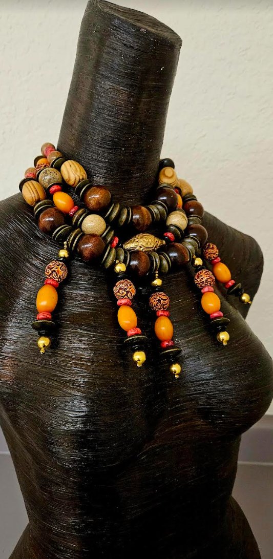 Brown Orange & Red Multi Strand Tribal Beaded Chest Piece - Autumn Wardrobe Beaded Statement Bib Necklace - Kat Kouture Jewelry