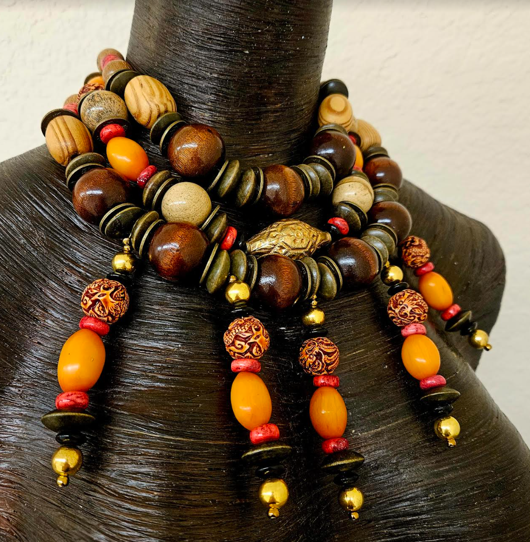 Brown Orange & Red Multi Strand Tribal Beaded Chest Piece - Autumn Wardrobe Beaded Statement Bib Necklace - Kat Kouture Jewelry