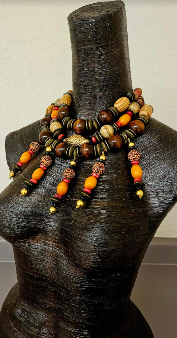 Brown Orange & Red Multi Strand Tribal Beaded Chest Piece - Autumn Wardrobe Beaded Statement Bib Necklace - Kat Kouture Jewelry