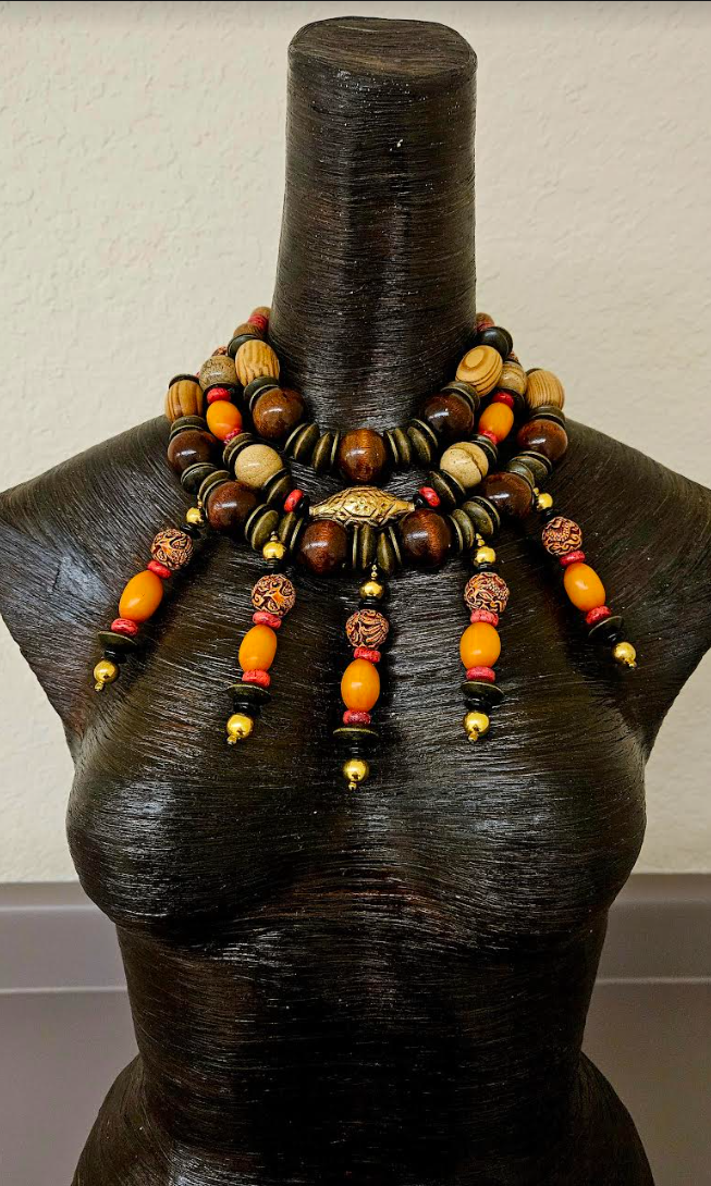 Brown Orange & Red Multi Strand Tribal Beaded Chest Piece - Autumn Wardrobe Beaded Statement Bib Necklace - Kat Kouture Jewelry