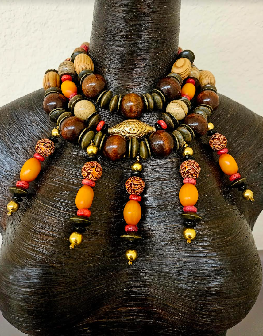 Brown Orange & Red Multi Strand Tribal Beaded Chest Piece - Autumn Wardrobe Beaded Statement Bib Necklace - Kat Kouture Jewelry