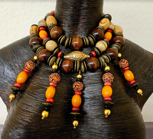 Brown Orange & Red Multi Strand Tribal Beaded Chest Piece - Autumn Wardrobe Beaded Statement Bib Necklace - Kat Kouture Jewelry