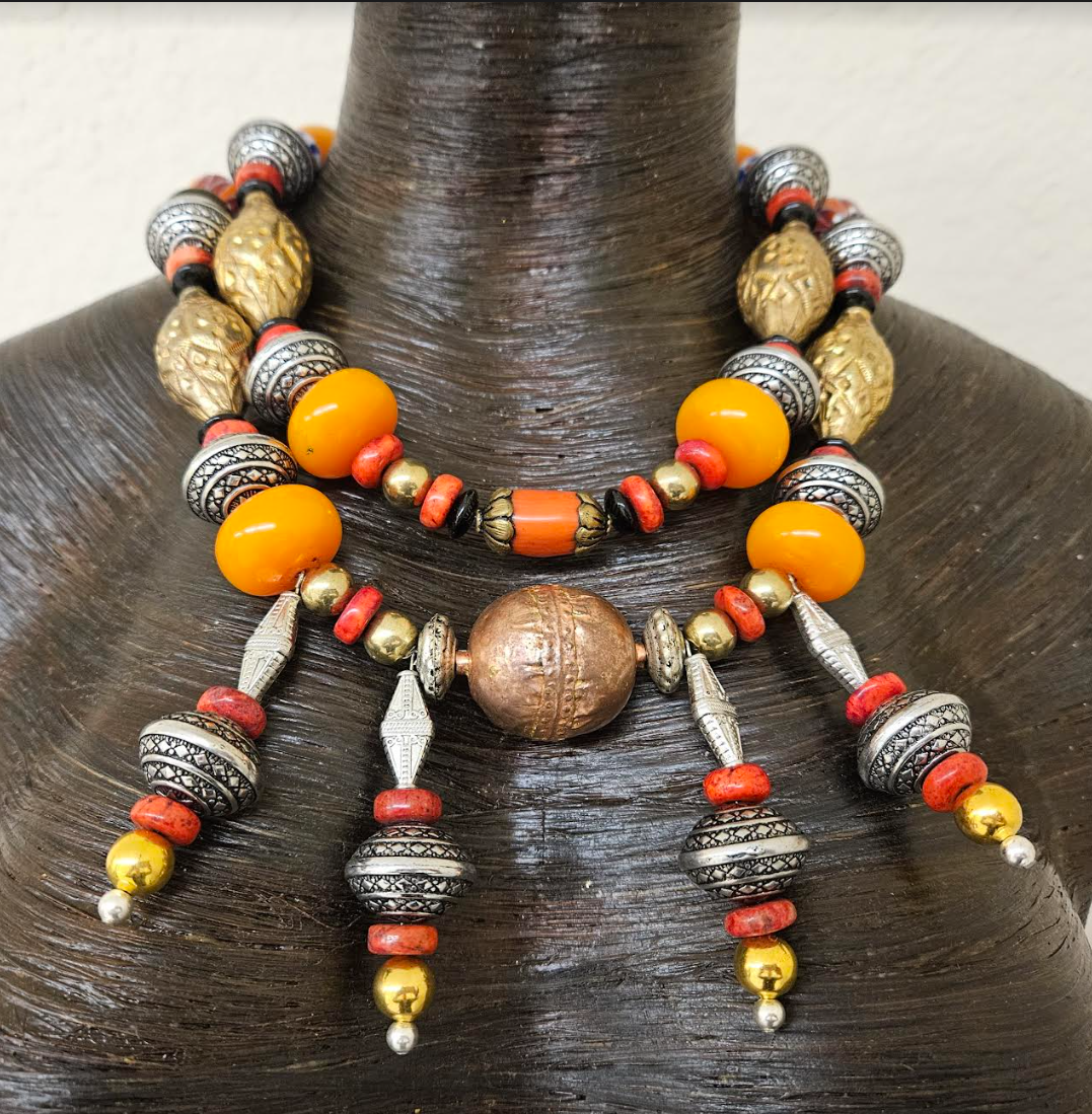 Tribal Beaded Chest Piece and Pierced Earrings for Petite Women - Exotic Autumn Jewelry for Women of Color - Beaded Dangle Orange Red & Gold Statement Bib - Kat Kouture Jewelry