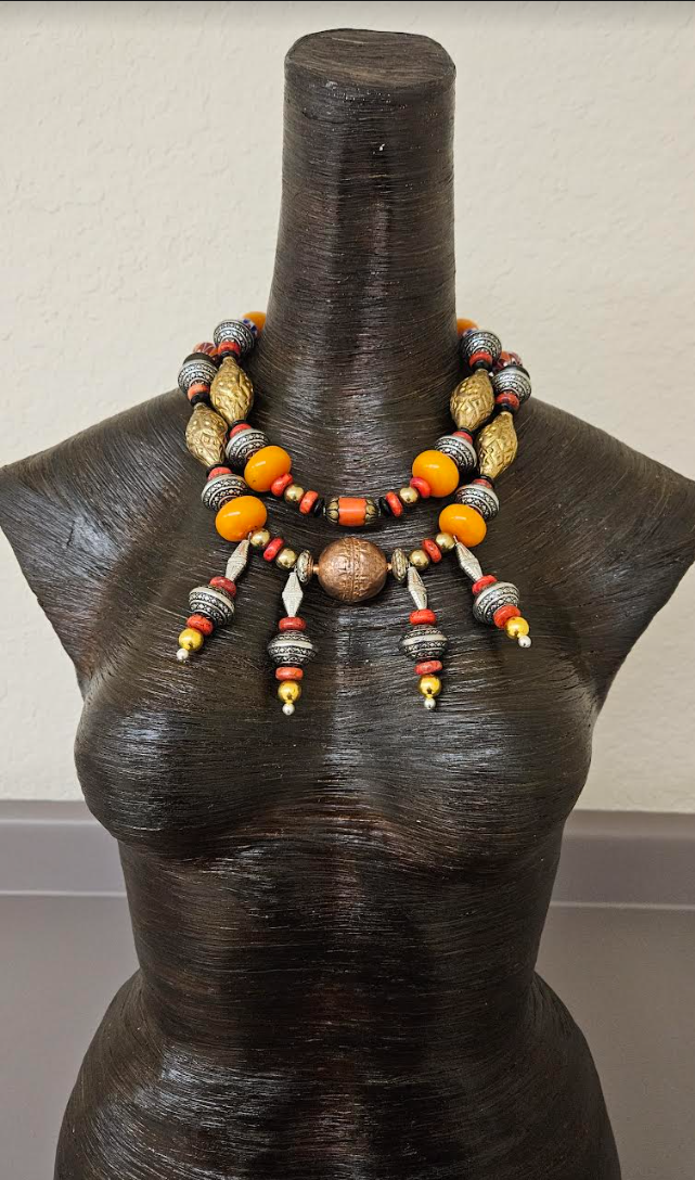 Tribal Beaded Chest Piece and Pierced Earrings for Petite Women - Exotic Autumn Jewelry for Women of Color - Beaded Dangle Orange Red & Gold Statement Bib - Kat Kouture Jewelry