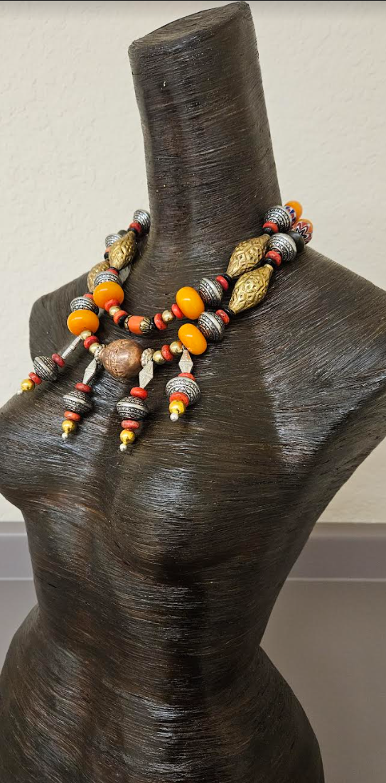 Tribal Beaded Chest Piece and Pierced Earrings for Petite Women - Exotic Autumn Jewelry for Women of Color - Beaded Dangle Orange Red & Gold Statement Bib - Kat Kouture Jewelry