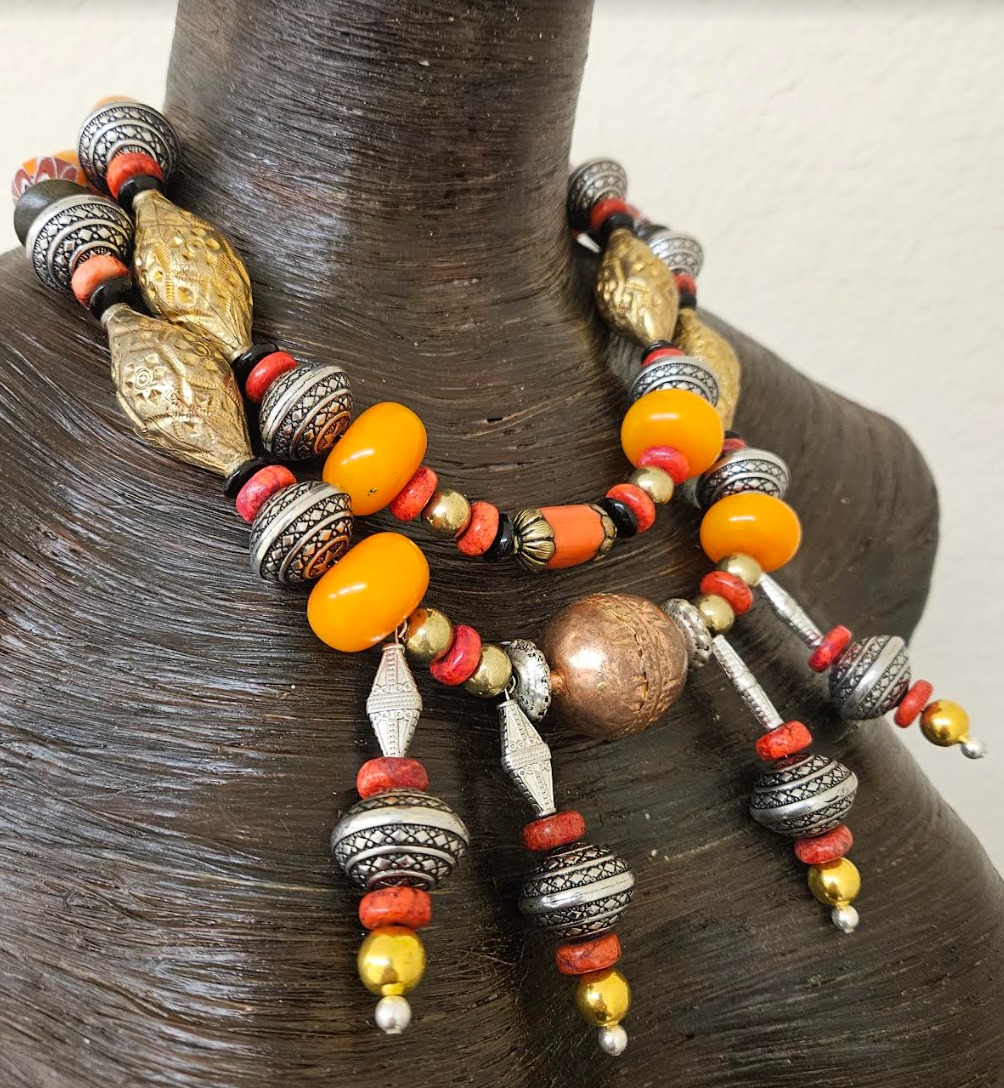 Tribal Beaded Chest Piece and Pierced Earrings for Petite Women - Exotic Autumn Jewelry for Women of Color - Beaded Dangle Orange Red & Gold Statement Bib - Kat Kouture Jewelry