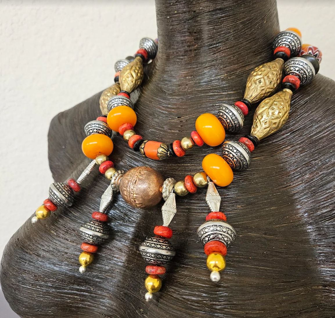 Tribal Beaded Chest Piece and Pierced Earrings for Petite Women - Exotic Autumn Jewelry for Women of Color - Beaded Dangle Orange Red & Gold Statement Bib - Kat Kouture Jewelry