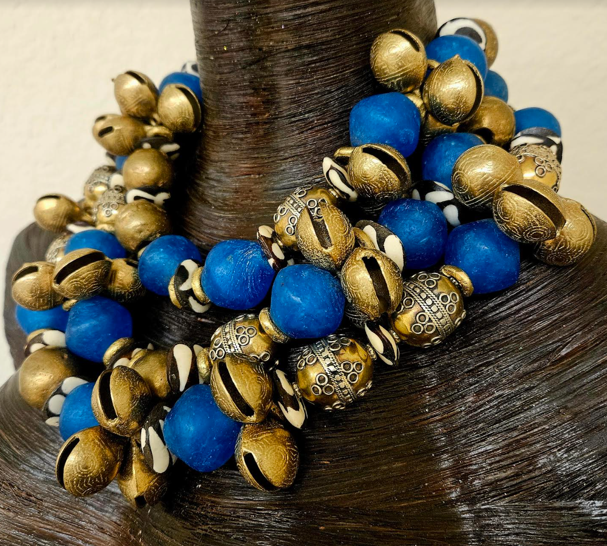 African Blue Glass Zebu Bone Vintage Beads & Asian Bell Multi Strand Heavy Necklace - Bold Chunky and Dramatic Blue Gold Beaded Neck Candy - Runway Ready Accessory - Kat Kouture Jewelry