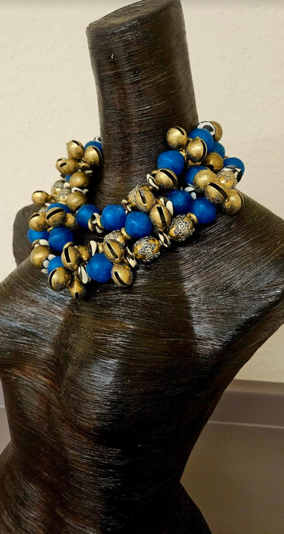 African Blue Glass Zebu Bone Vintage Beads & Asian Bell Multi Strand Heavy Necklace - Bold Chunky and Dramatic Blue Gold Beaded Neck Candy - Runway Ready Accessory - Kat Kouture Jewelry