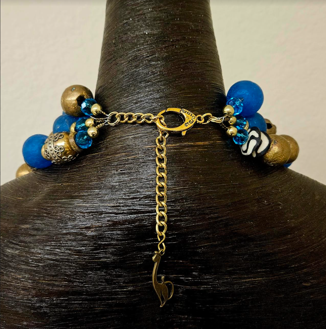 African Blue Glass Zebu Bone Vintage Beads & Asian Bell Multi Strand Heavy Necklace - Bold Chunky and Dramatic Blue Gold Beaded Neck Candy - Runway Ready Accessory - Kat Kouture Jewelry