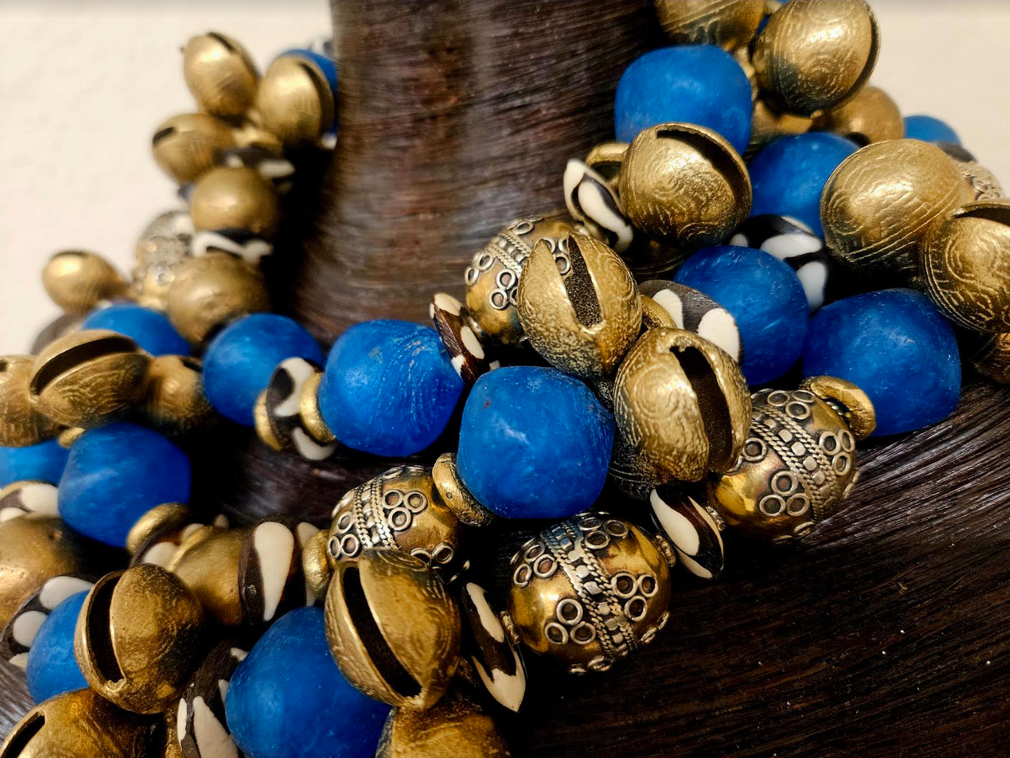 African Blue Glass Zebu Bone Vintage Beads & Asian Bell Multi Strand Heavy Necklace - Bold Chunky and Dramatic Blue Gold Beaded Neck Candy - Runway Ready Accessory - Kat Kouture Jewelry