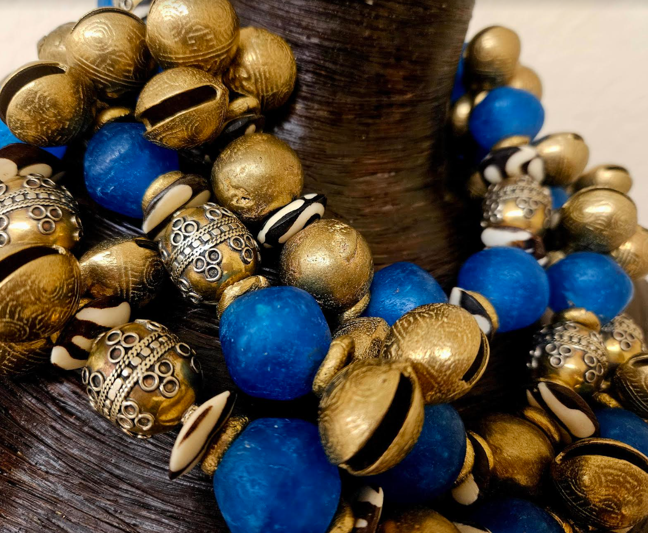 African Blue Glass Zebu Bone Vintage Beads & Asian Bell Multi Strand Heavy Necklace - Bold Chunky and Dramatic Blue Gold Beaded Neck Candy - Runway Ready Accessory - Kat Kouture Jewelry