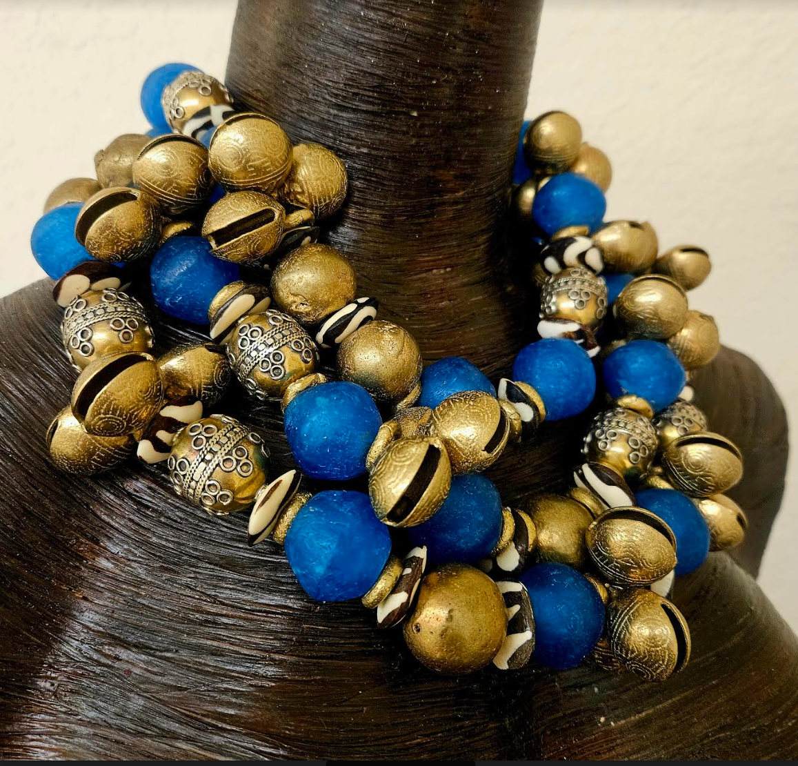 African Blue Glass Zebu Bone Vintage Beads & Asian Bell Multi Strand Heavy Necklace - Bold Chunky and Dramatic Blue Gold Beaded Neck Candy - Runway Ready Accessory - Kat Kouture Jewelry