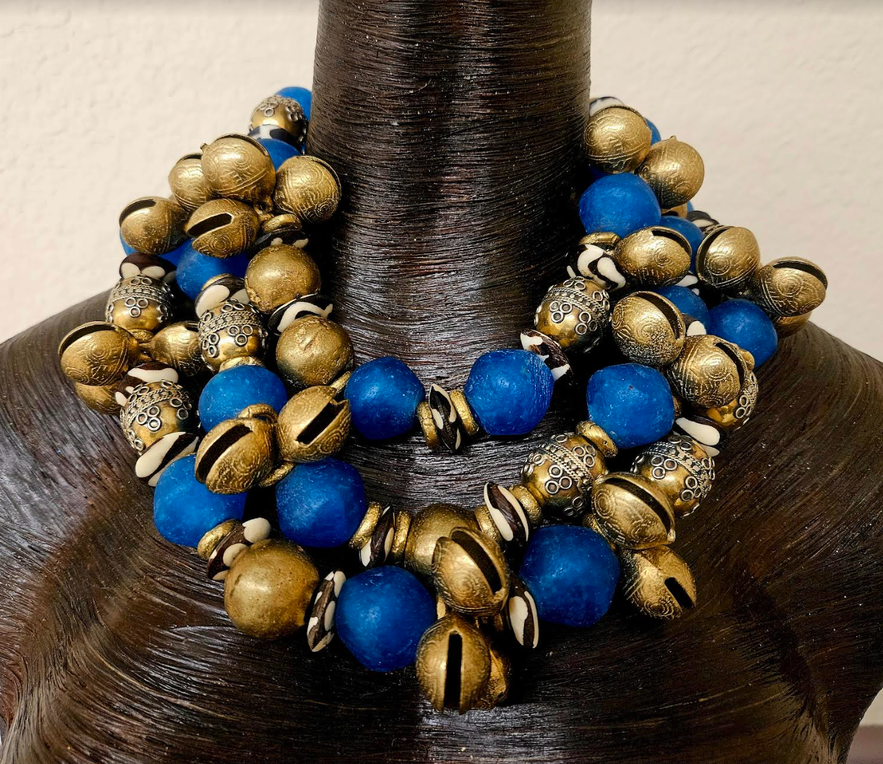 African Blue Glass Zebu Bone Vintage Beads & Asian Bell Multi Strand Heavy Necklace - Bold Chunky and Dramatic Blue Gold Beaded Neck Candy - Runway Ready Accessory - Kat Kouture Jewelry