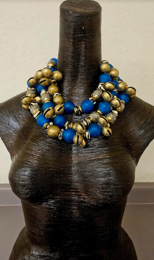 African Blue Glass Zebu Bone Vintage Beads & Asian Bell Multi Strand Heavy Necklace - Bold Chunky and Dramatic Blue Gold Beaded Neck Candy - Runway Ready Accessory - Kat Kouture Jewelry