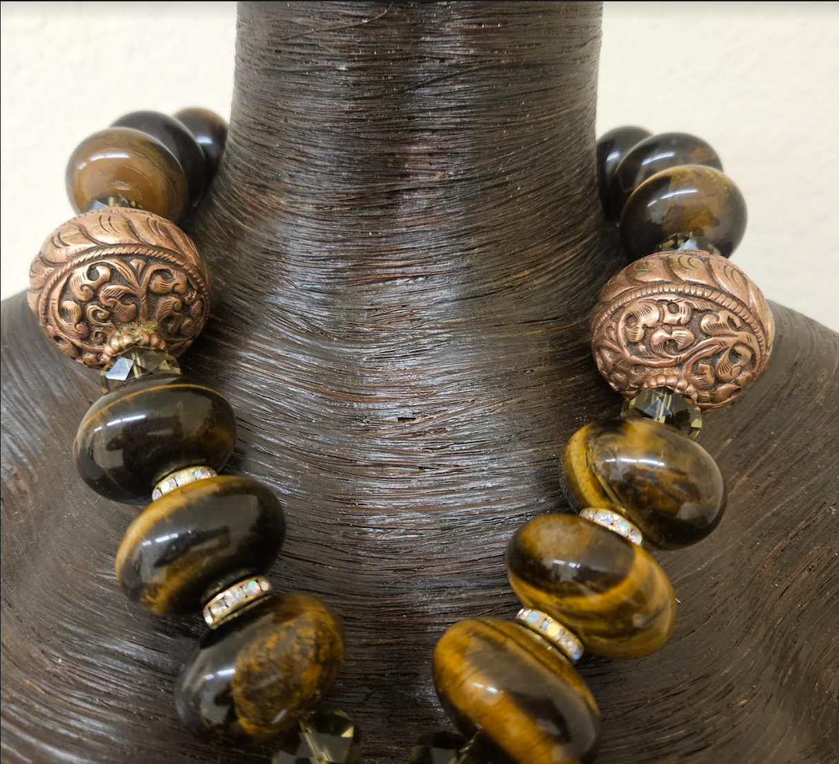 Huge Tigers Eye Tibetan Repousse Copper & Crystal Statement Necklace With Brass Pendant - African Asian Unisex Bold Chunky Heavy Beaded Chest Piece - Earthy Oversized Bib - Kat Kouture Jewelry